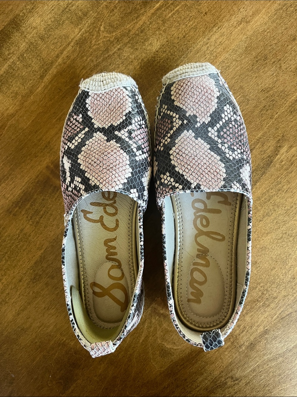 Sam Edelman Pink and Black Snake-Print Espadrille Flats